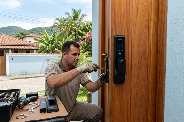 Fechadura digital instalada em Maricá, mostrando modernidade e segurança.